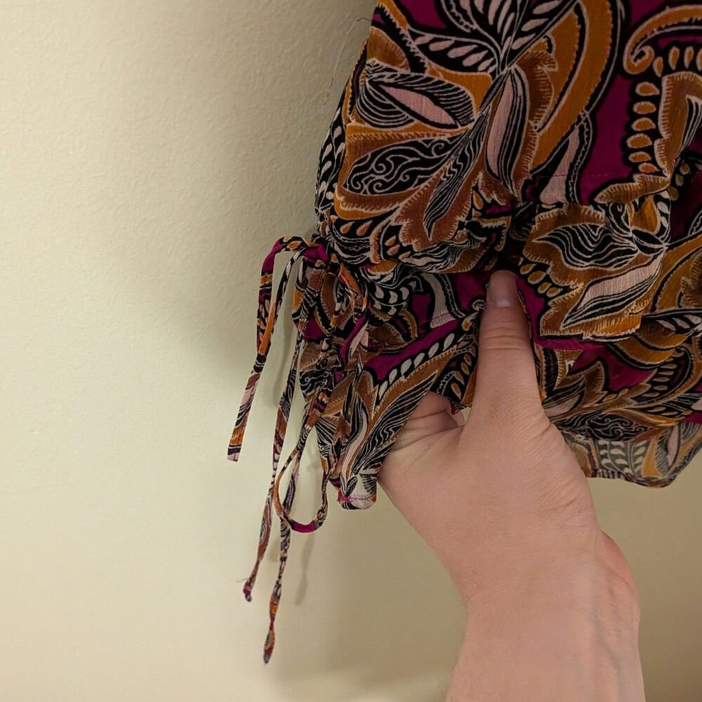 Boho Paisley Pink And Orange Babydoll Silhouette With Ruffle at Hem And Bow Ties - Picture 2 of 8